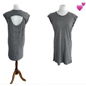 For The Republic gray and black striped short sleeve cut out back dress